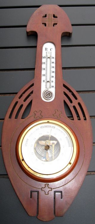 Altes Großes Jugendstil Barometer/thermometer Mahagonigehäuse Um 1905/10 Bild