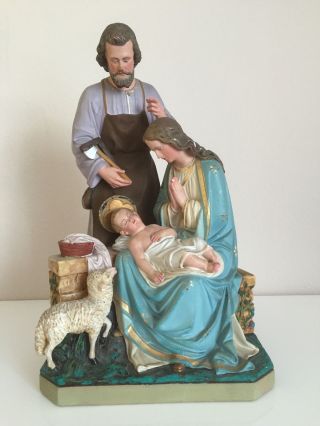 Gruppenfigur Heilige Maria Josef Jesus Kind Gips Handbemalt Um 1900 Krippe Rar Bild