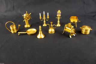 Alte Messing Miniaturen Setzkasten 10 Teile Puppenstube Glocke Grill Pfanne Bild