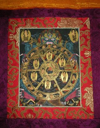 Buddha: Thangka Wheel Of Life Lebensrad In Brokat Aus Nepal Bild