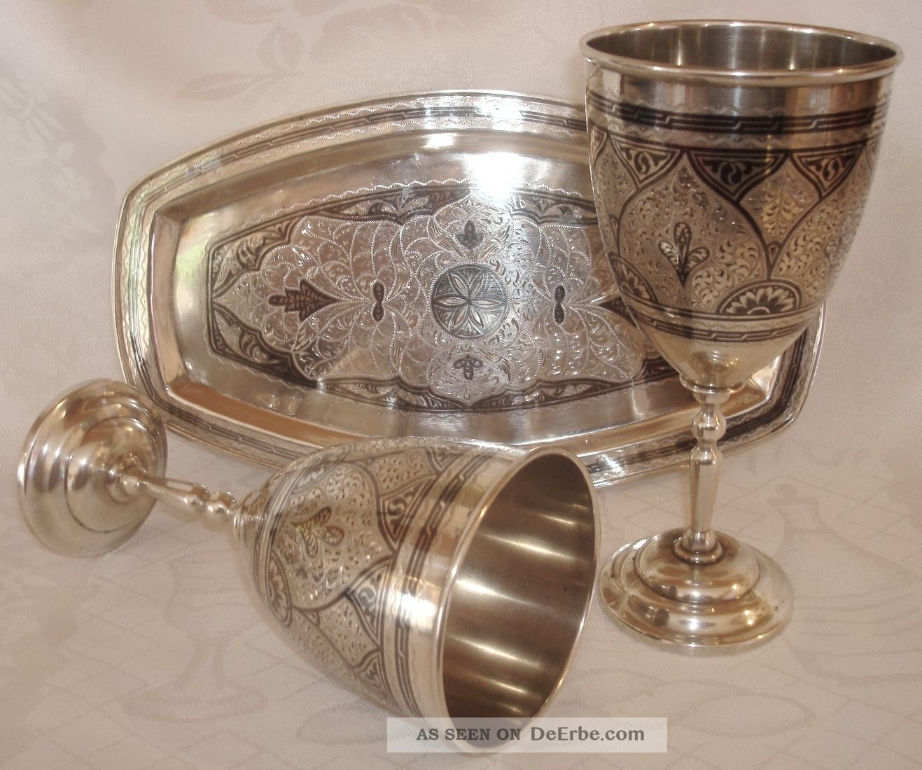Russisches Weinset 2 Kelche Weinbecher Tablett Russland Niello 875 Silber 622 Gr Objekte vor 1945 Bild