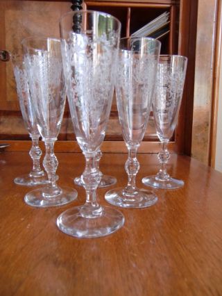 6 Sektgläser,  Champagnerflöten Um 1900 Geätzt/pantographiert,  Stiel Beschliffen Bild