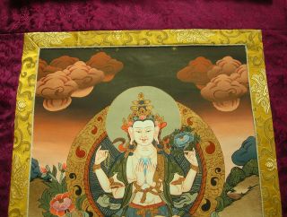Buddha Thangka Avalokiteshvara Chenrezig Tibet In Brokat 93x53cm Bild