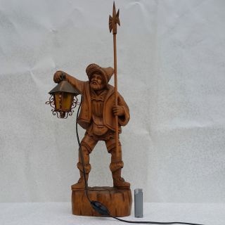 66cm Großer Nachtwächter Holzfigur Geschnitzt Mit Laterne Lampe Elektrisch 2 Kg Bild