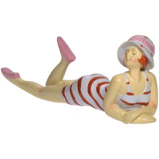 Urlauberin Strand Dame Frau Weißer Hut Badeanzug Weiß Rote Streifen Deko Figur Bild