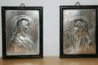 Zwei Antike Versilberte Metall Reliefbilder,  Altarbilder Maria Und Jesus Bild