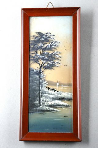 Kleines Ölgemälde,  Landschaft Aus Japan,  Auf Glas Gemalt In Holzrahmen,  12x27 Cm Bild