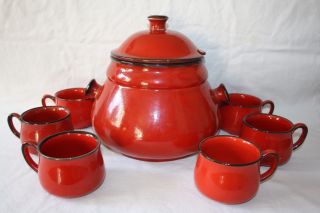 Bowleset Mit Schüssel Und 6 Bechern Rot Keramik Rumtopf 70er Jahre Bild