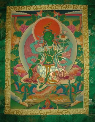 Sehr Schönes Masterpiece Thangka Aus Nepal: Grüne Tara In Brokat 99x55 Cm Bild