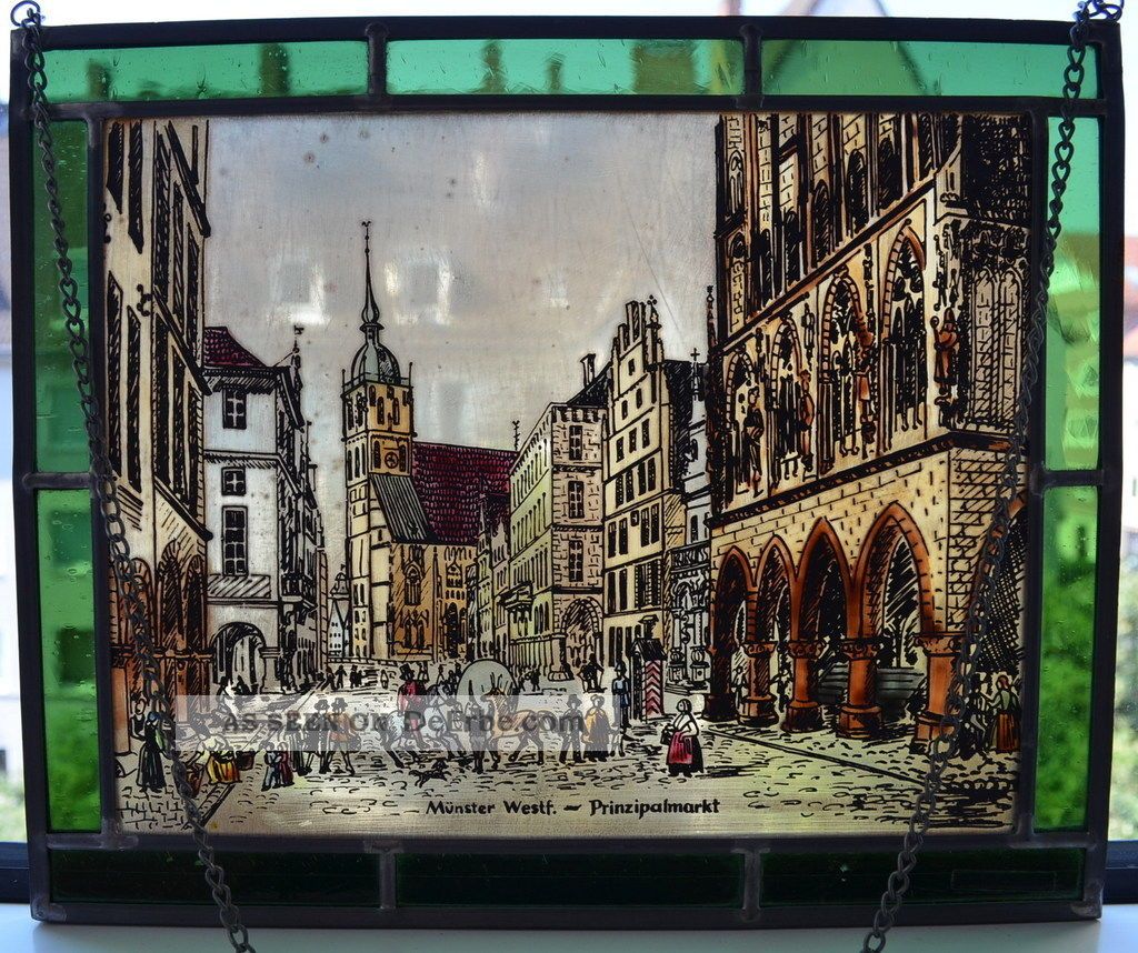 Bernhardt Fensterbild Münster Glasmalerei Bleiverglasung Handbemalt 27x22,  5cm Glas & Kristall Bild