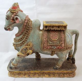 Heilige Krishna Kuh Holzschnitzerei Figur Indien Hinduismus Old Indian Holy Cow Bild