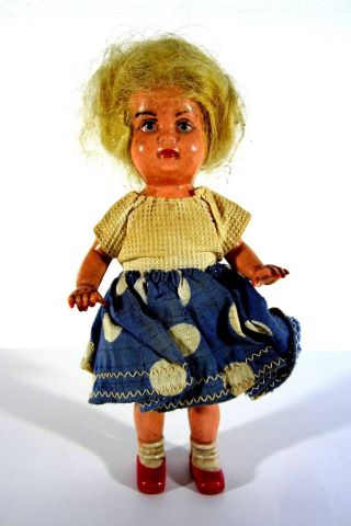 Sehr Alte Celluloid Zelluloid Edi Puppe Mädchen Mit Kleid Trachtenpuppe 16cm Bild
