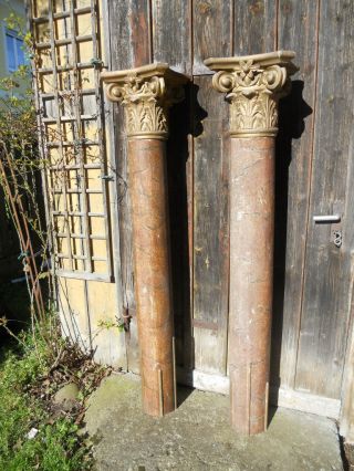 2 Alte Große Säulen Mit Kapitelen,  Holz,  Marmoriert,  Geschnitzt,  160 Cm Hoch Bild