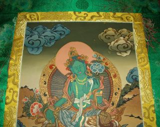 Wunderschöner Feiner Thangka Aus Nepal: Grüne Tara In Brokat 83x45 Cm Bild