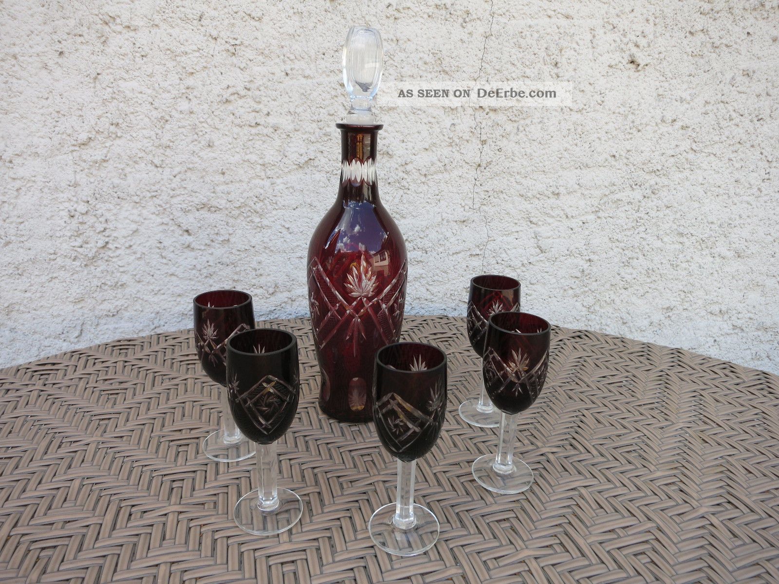Alte Bleikristall Karaffe Und 5 Gläser Rubinrot Rubinglas Likör Trinkset Kristall Bild