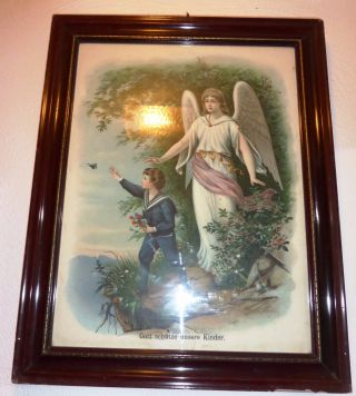 Antikes Bild Engel Mit Knabe - Gott Beschütze Unsere Kinder - Mit Glas Holzrah Bild