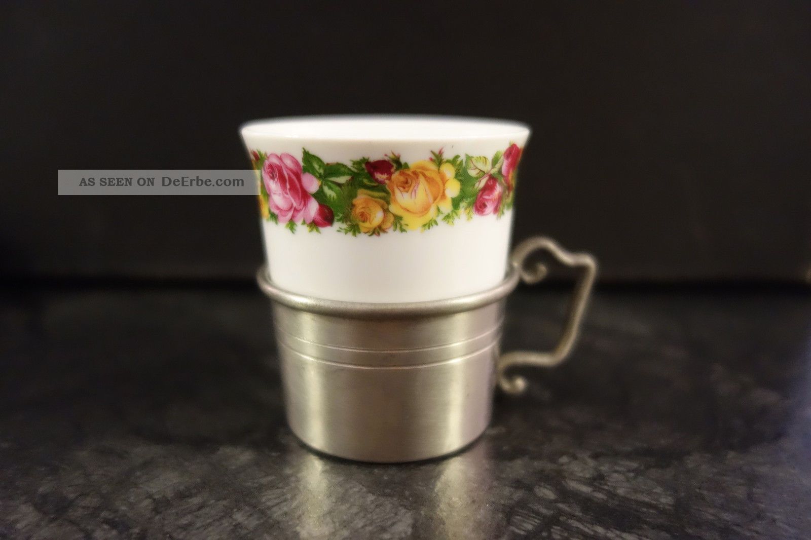 1 Espressotasse Porzellan Mit Zinnhalterung Halterung Zinn Kaffeetasse Blumen Gefertigt nach 1945 Bild