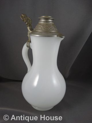 Antike Schenkkanne Weinkanne Böhmen Opalglas Glas Mit Zinndeckel Milchglas Bild