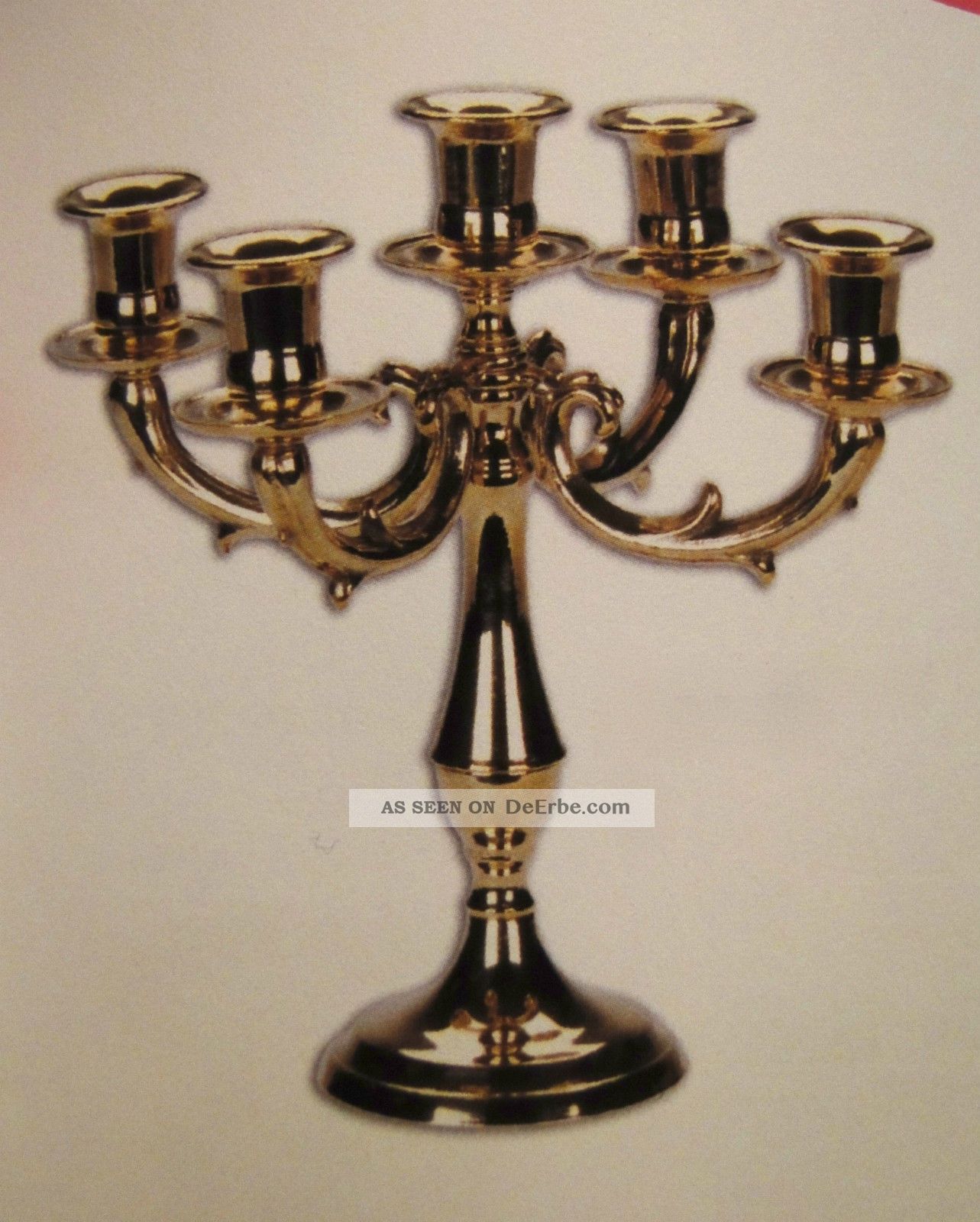 KerzenstÄnder Messing Hochpoliert Kerzenhalter H28cm Deko Gold 5 Armig Leuchter Gefertigt nach 1945 Bild