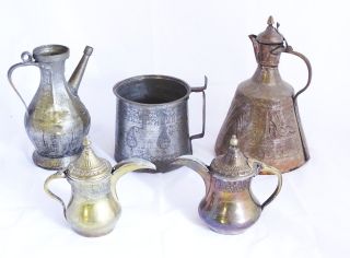 Konvolut 5 Antiker Orientalischer Gefäße Aus Metall Flasche Kanne Etc. Bild