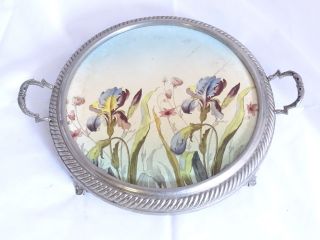 Antike Seltene Tortenplatte Kuchenplatte In Metallfassung Blumendekor Bild