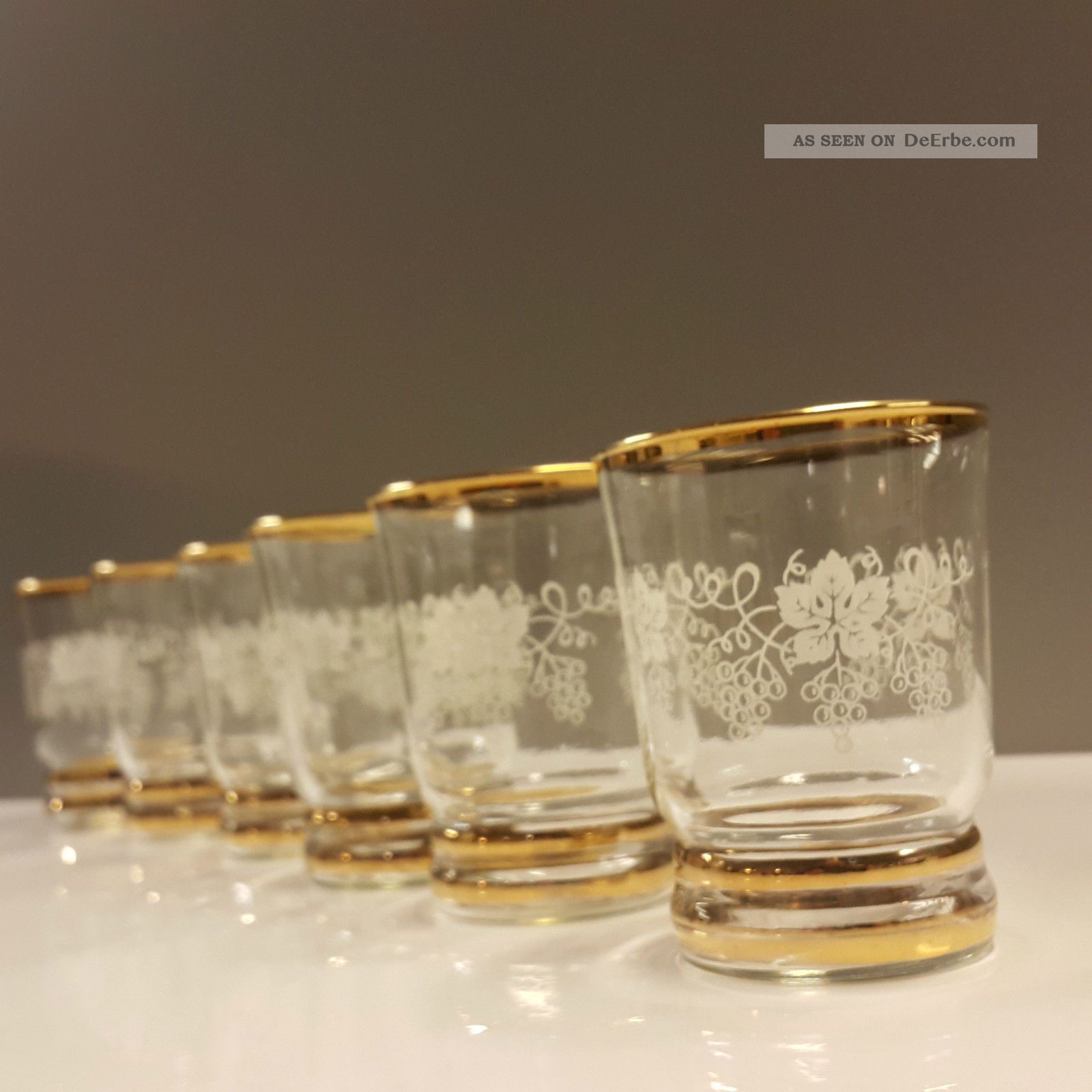 6 Weingläser Becherglas Goldrand Weinlaub Weintaruben Dekor Vintage Kristall Bild