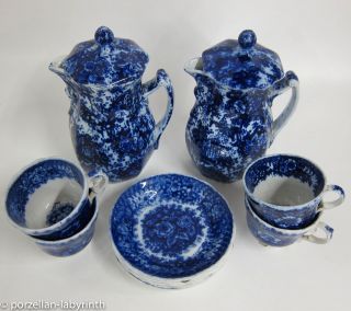 2 Kannen - 5 Tassen Mit Ut Gebr.  Horn Hornberg Keramik Um 1850 Tasse Kanne Blau Bild