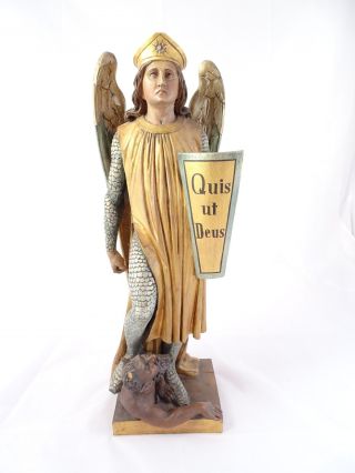Antike Skulptur Plastik Erzengel Michael - Quis Ut Deus Holz Handarbeit Rarität Bild