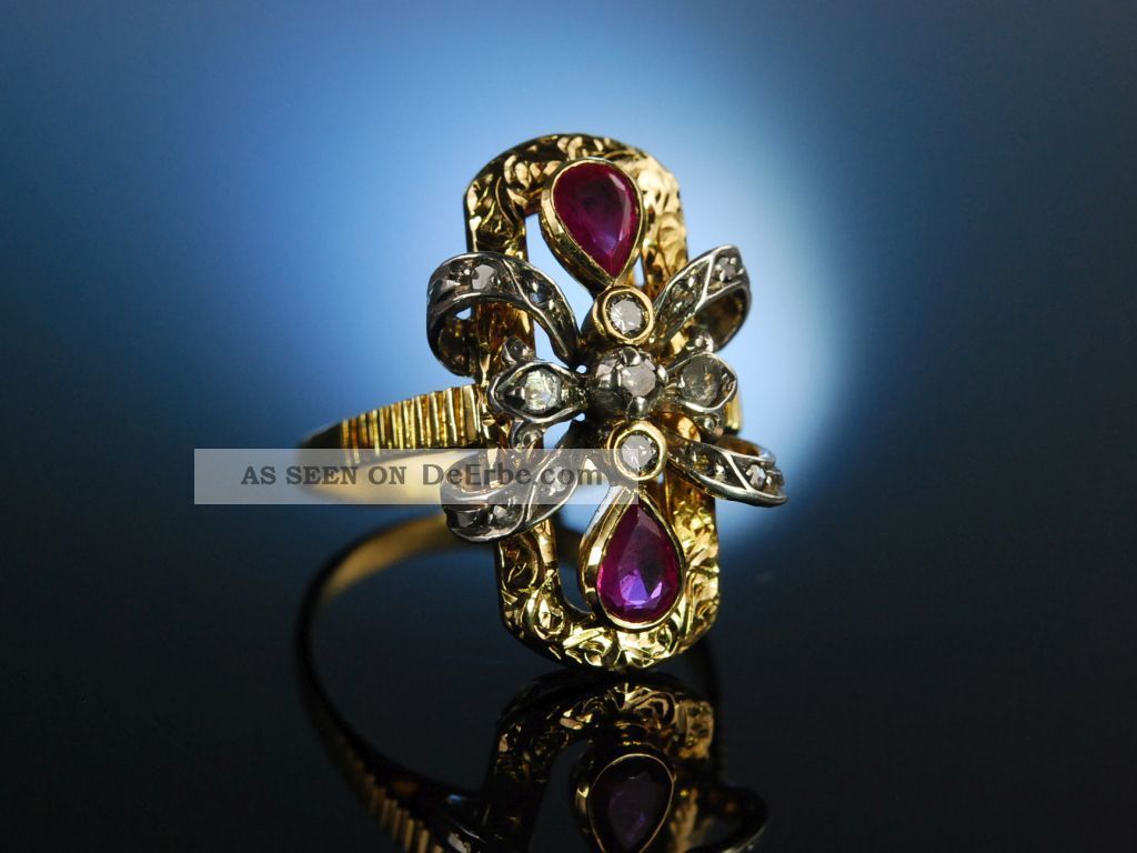 Aparter Antiker Cocktail Ring Um 1910 Gold 750 Platin Rubin Tropfen Diamanten Ringe Bild