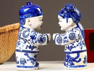 Chinesische Porzellan Figuren 2 Kinder 38cm Blau Weiß Skulpturen China 441 Bild
