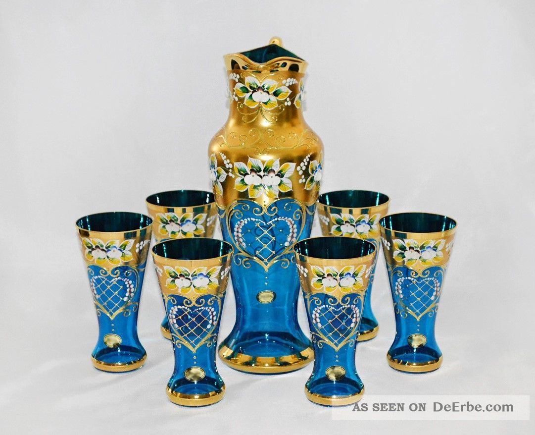 Bohemia Saft/wasserset,  Handarbeit,  Handbemalt,  Farbe Hellblau/gold,  Blumendekor Sammlerglas Bild