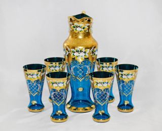 Bohemia Saft/wasserset,  Handarbeit,  Handbemalt,  Farbe Hellblau/gold,  Blumendekor Bild