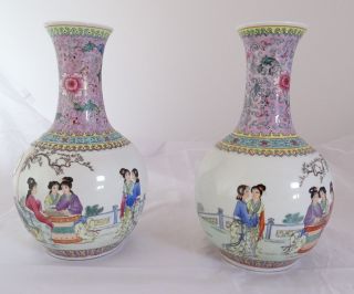 Paar Alte Vasen China Chinesische Motive Mit Seltenem Dekor Langhalsvase 28 Cm Bild
