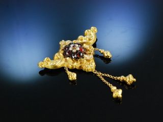 Antike Brosche Biedermeier Um 1850 Gold 750 Granat Saat Perlen Garnet Brooch Bild