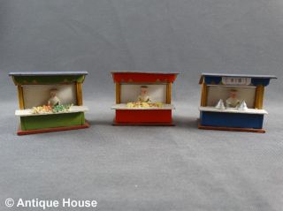 Erzgebirge Volkskunst Holz 3 Kleine Alte Marktstände Mit Figuren Miniatur - Rar Bild