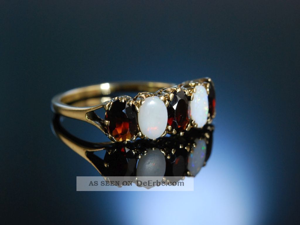Granat Opal Ring Gold 375 London Um 1978 Viktorianischer Stil Garnet Opal Ring Ringe Bild