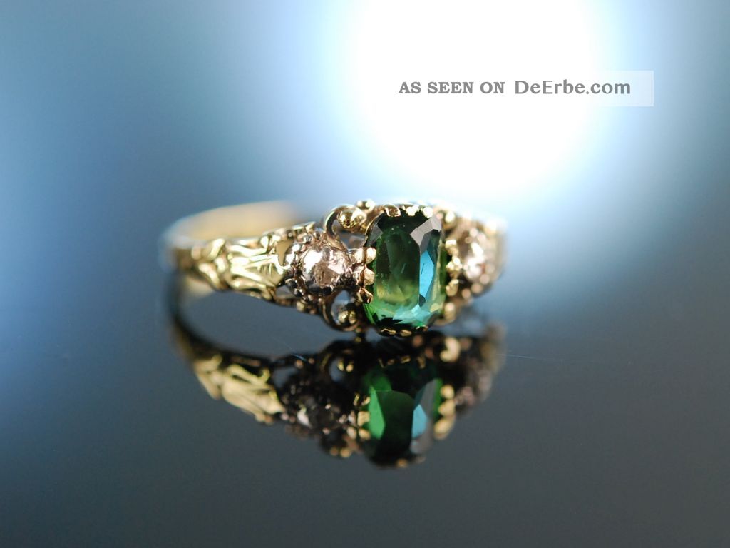 Um 1890 Antiker Verlobungs Ring Gold 585 Turmalin GrÜn Diamant Rosen Engagement Ringe Bild
