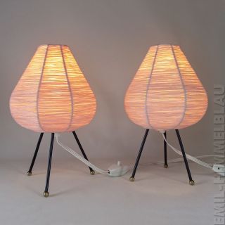 Paar Tisch Lampe Bast Leuchte Lamp 50s Nachttisch Tripod Rockabilly Vintage Bild