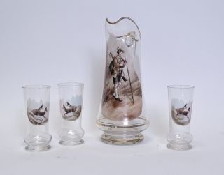 Antike Glas Schnenkkanne Motiv Förster Mit 3 Gläsern Mit Gämsen Gams Um 1900 Bild