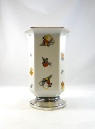 Seltene Modernist Limoges Art Deco Keramik Vase 835 Silber Montur Geometrisch Bild