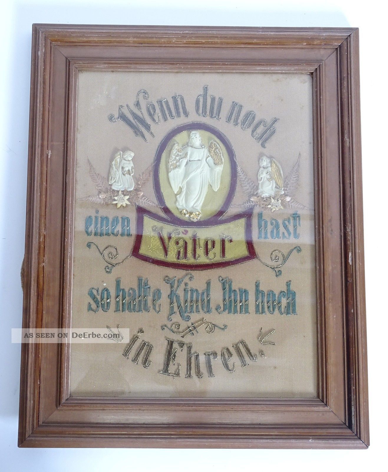 Antikes Votivbild Stickarbeit Spruch Für Den Vater Gerahmt Hinter Glas Votivbilder & Sakralmalerei Bild