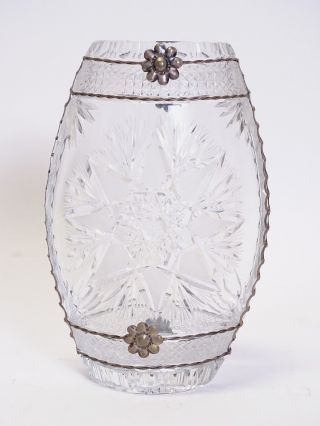 Riesige Schwere Blei Kristall Glas Vase Shabby Chic Vintage Mit Metall Montur Bild