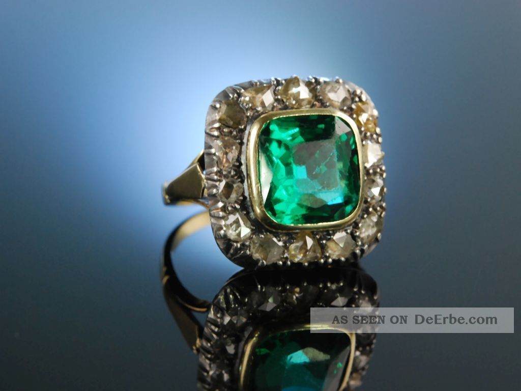 Wien Um 1880 Grosser Ring Antik Gold 585 Diamant Rosen GrÜne Glas Paste Antique Ringe Bild