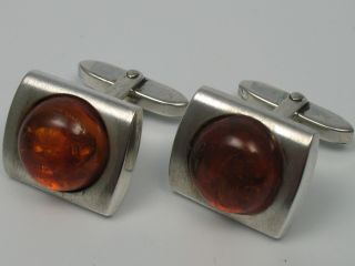 Sehr Schöne Alte 60er 70er Jahre Manschettenknöpfe Aus 835 Silber Mit Bernstein Bild