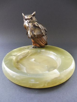 Jugendstil Bronze Brass Eule Onyx Schmuck Schale Art Nouveau Owl Tray Bird Vogel Bild