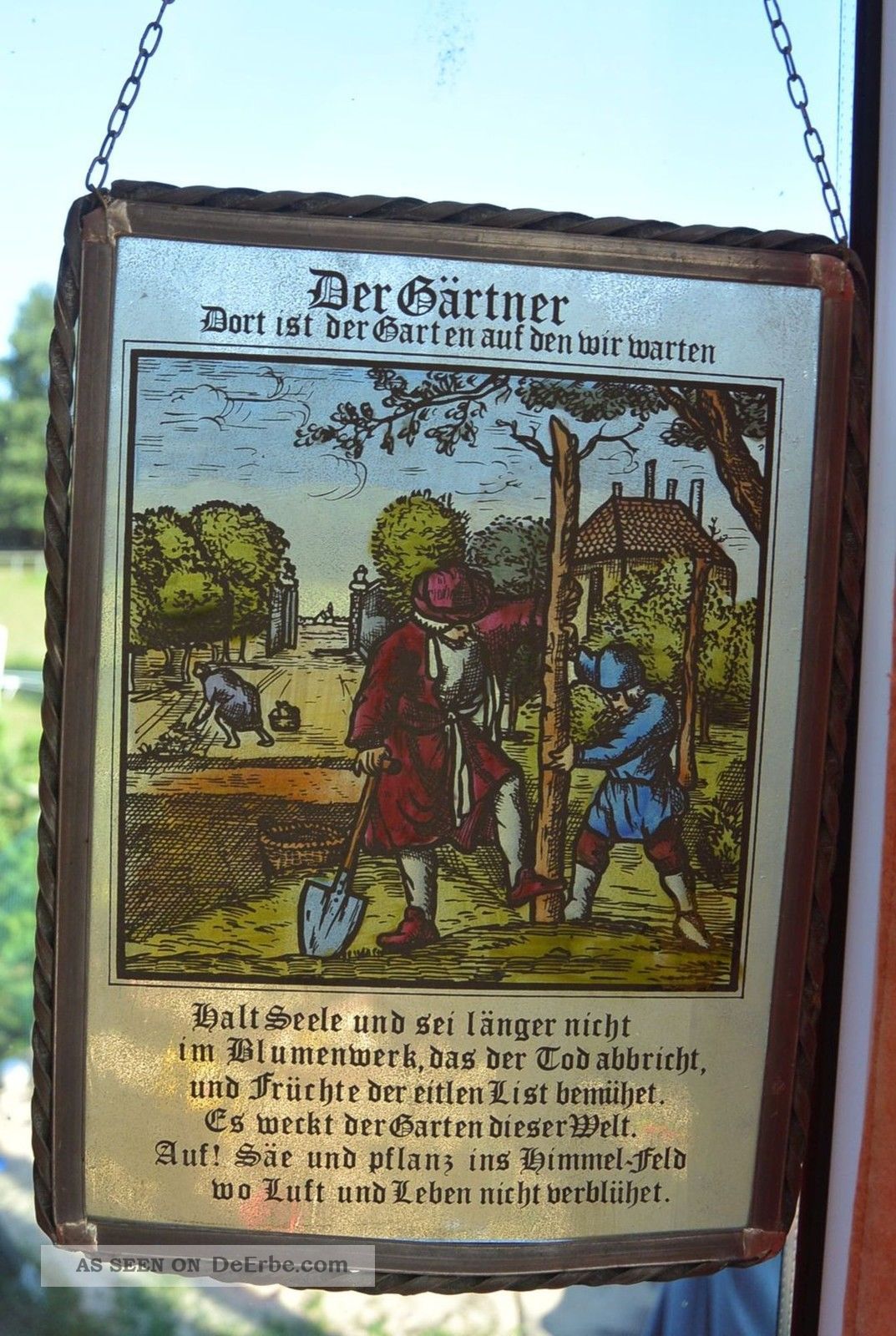Antik Hinterglasmalerei Bleiverglast - Sinnspruch Der GÄrtner Glas & Kristall Bild