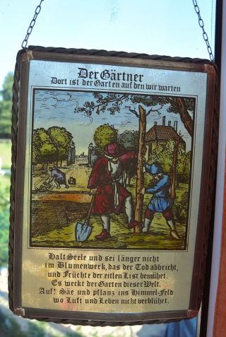 Antik Hinterglasmalerei Bleiverglast - Sinnspruch Der GÄrtner Bild