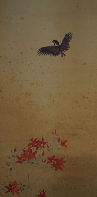 Antikes Japanisches Rollbild Kakejiku Der Spatz Und Die Blumen Japan Scroll 3601 Bild