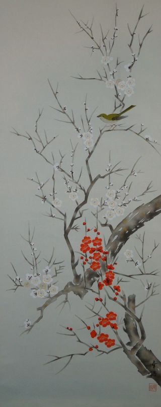 Antikes Japanisches Rollbild Kakejiku Vogel Am Baum Japan Scroll 3552 Bild