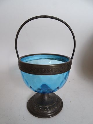 Seltene Wmf Rarität Metall Blaues Glas Antike Fuß Henkelschale Vor 1900 Bild